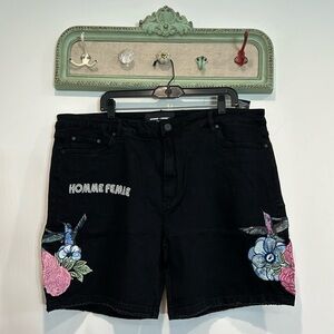 Homme + Femme embroidered humming bird black denim shorts 40 men’s streetwear